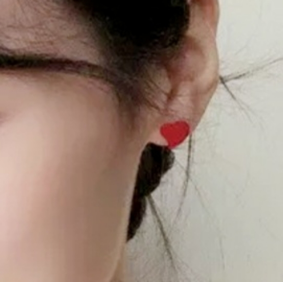 Red and white Bunny heart earrings with silver post for sensitive ears - Picture 7 of 13